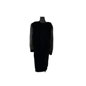 VTG Tracy Richards Sz 20P Black Velvet  Midi Dress Sheer Embroidery Long Sleeve